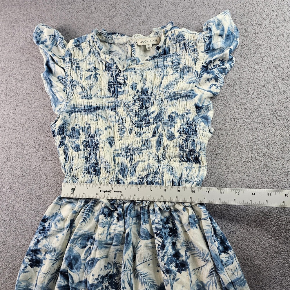 Moon River Maxi Dress Women's S Blue White Smocked Linen Blend Flutter Sleeve - Picture 4 of 12